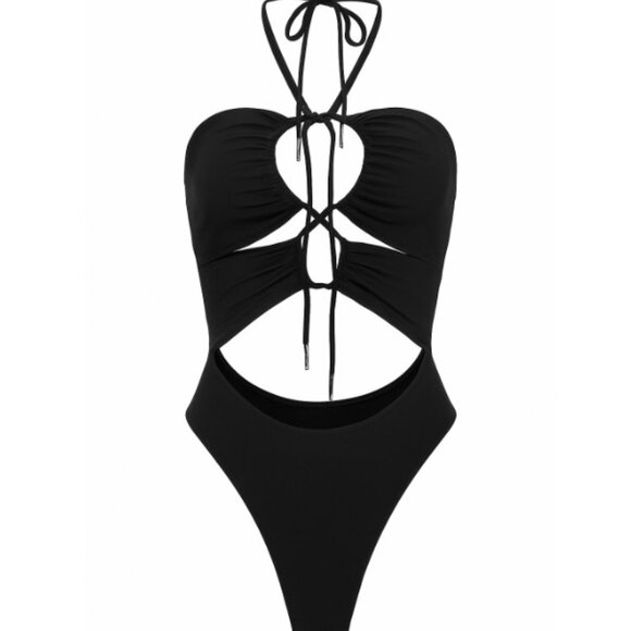 Naked Wardrobe Black Tie Front Bodysuit Stretch Knit One Piece L - Picture 1 of 10